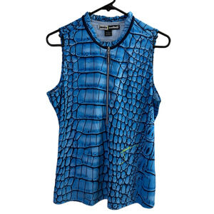 Jamie Sadock Golf Top Womens L Blue Tank Animal Print 1/2 Zip Sleeveless Signed